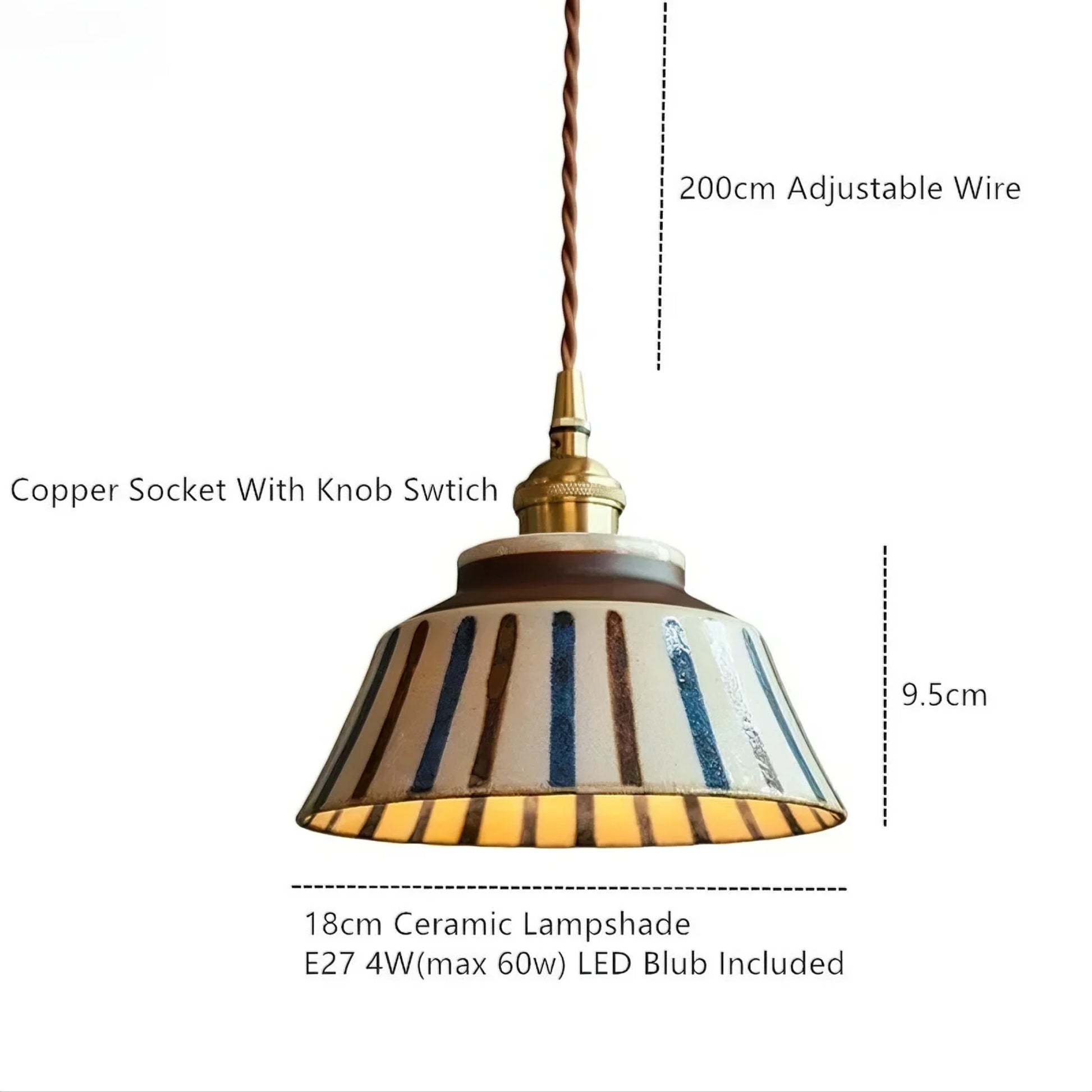 Pendant light with striped lampshade, copper socket, and LED bulb details on a white background