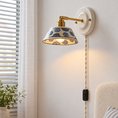 Vintage Ceramic Wall Sconce with Blue Floral Shade – Handmade Bedside Light Fixture