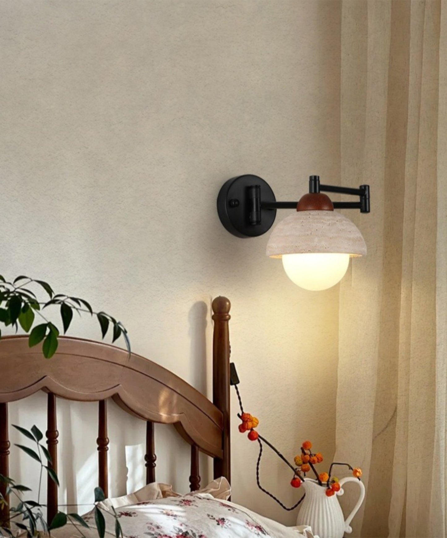 Industrial Stone & Wood Swing Arm Wall Light - Modefinity