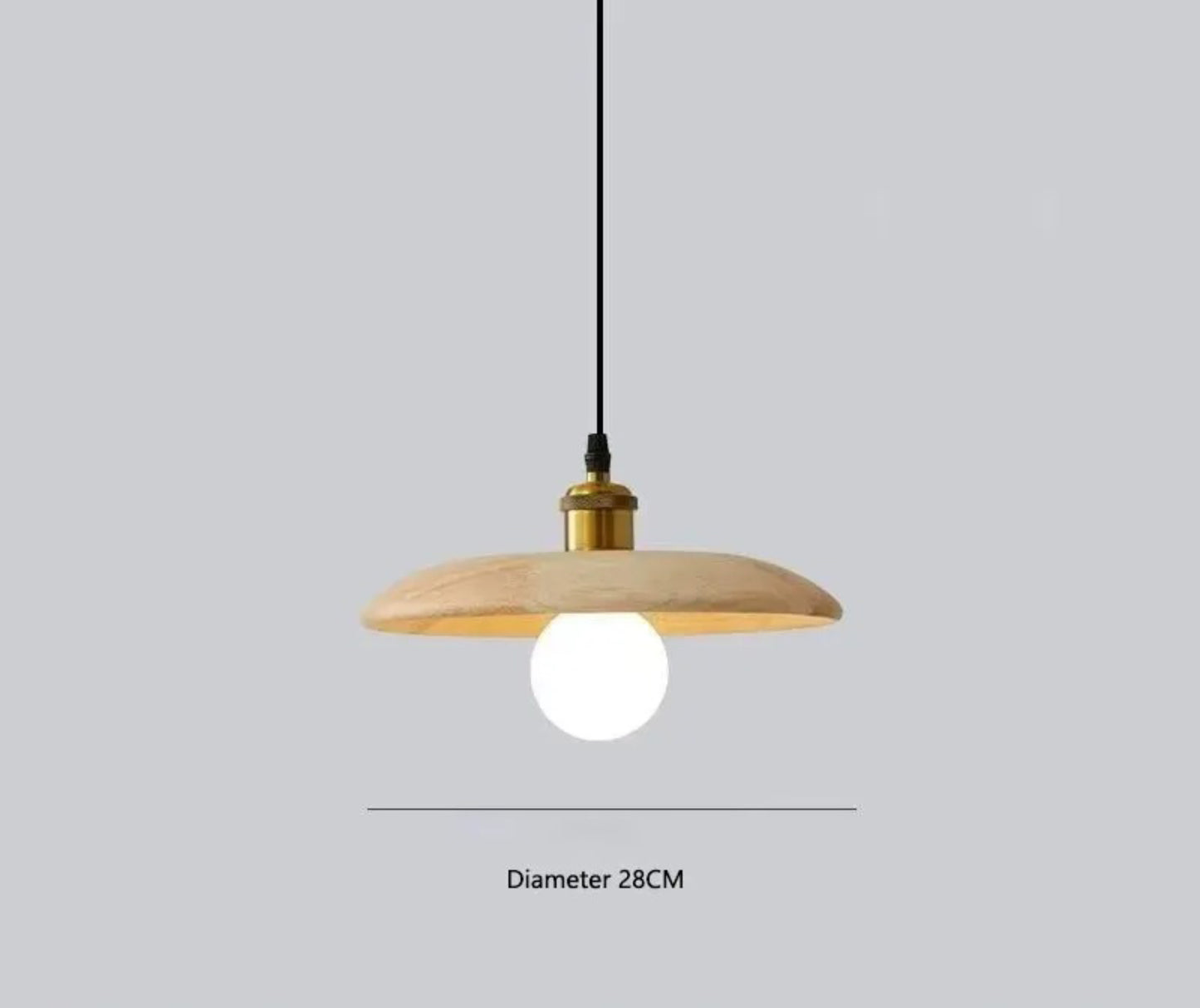 Wooden pendant light with a white bulb on a gray background