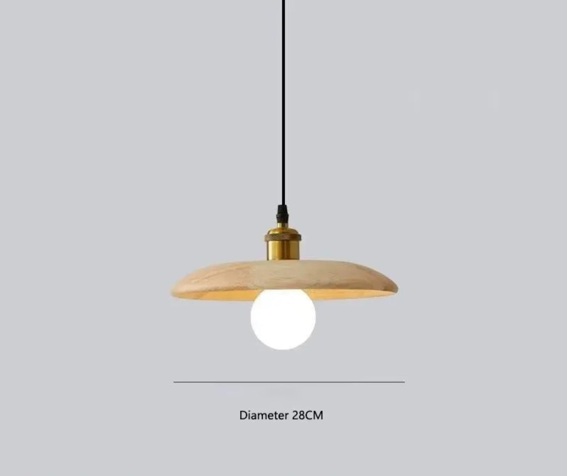 Wooden pendant light with a white bulb on a gray background