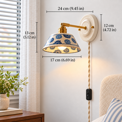 Vintage Ceramic Wall Sconce with Blue Floral Shade – Handmade Bedside Light Fixture