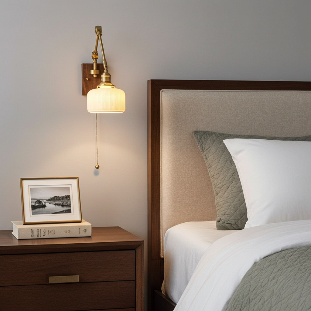 Vintage Brass Swing Arm Wall Sconce with Ribbed Glass Shade