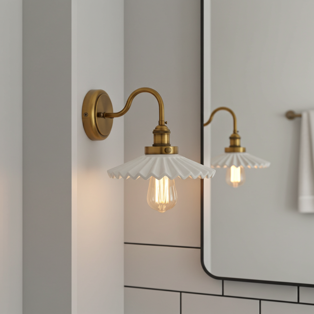 Ceramic Shade Wall Light with Brass Mount – Gooseneck Arm