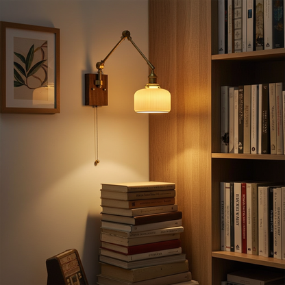 Vintage Brass Swing Arm Wall Sconce with Ribbed Glass Shade