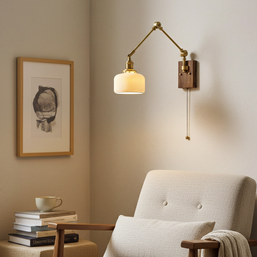 Vintage Brass Swing Arm Wall Sconce with Ribbed Glass Shade