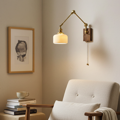 Vintage Brass Swing Arm Wall Sconce with Ribbed Glass Shade