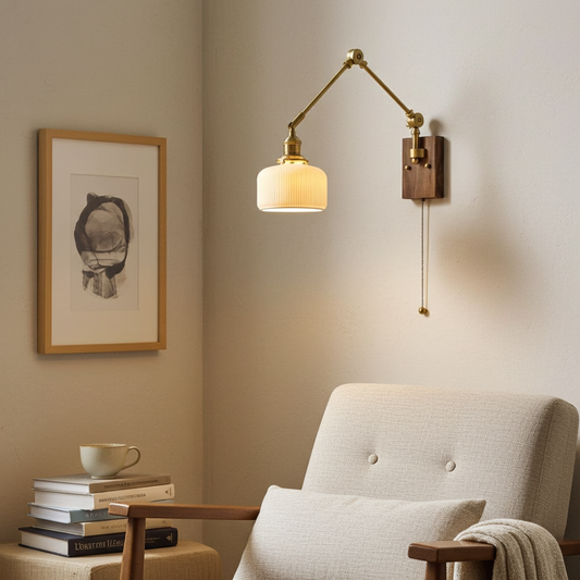 Vintage Brass Swing Arm Wall Sconce with Ribbed Glass Shade