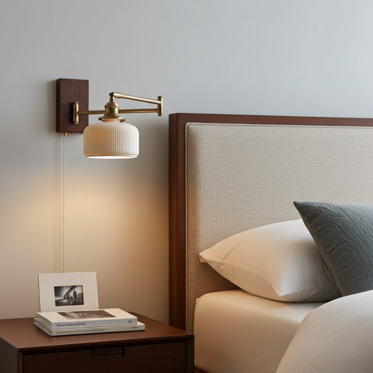 Ceramic Wall Light with Wooden Plate & Brass Hardware