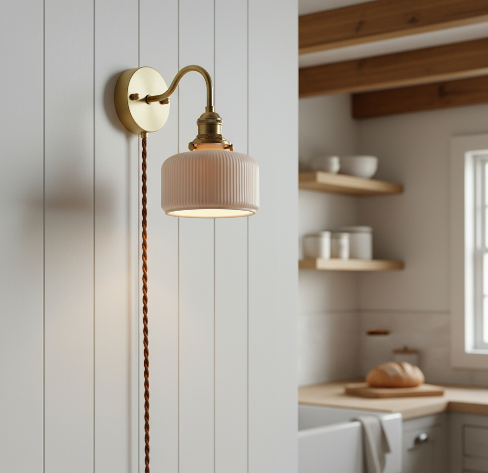 Ceramic Shade Wall Light with Brass Gooseneck Arm - Modefinity