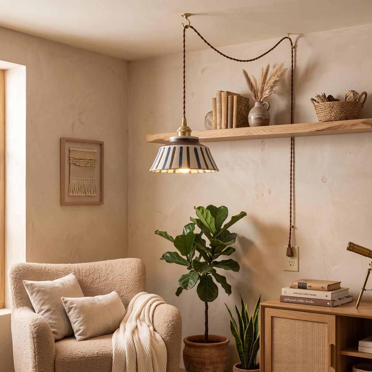 The Kyoto Stripe: Hand-Painted Ribbed Ceramic Pendant Light
