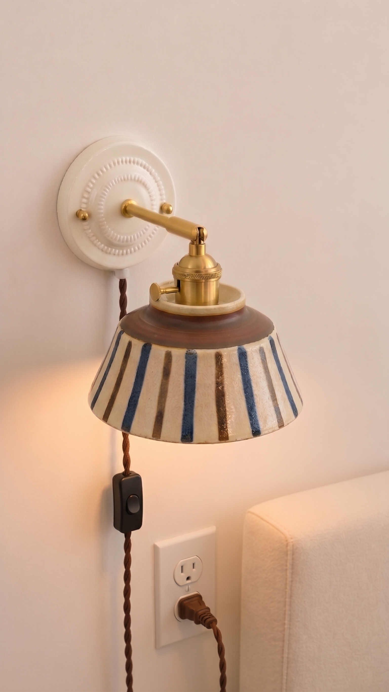 Komorebi Hand-Painted Ceramic Wall Sconce – Striped Japandi Artisanal Light - Modefinity