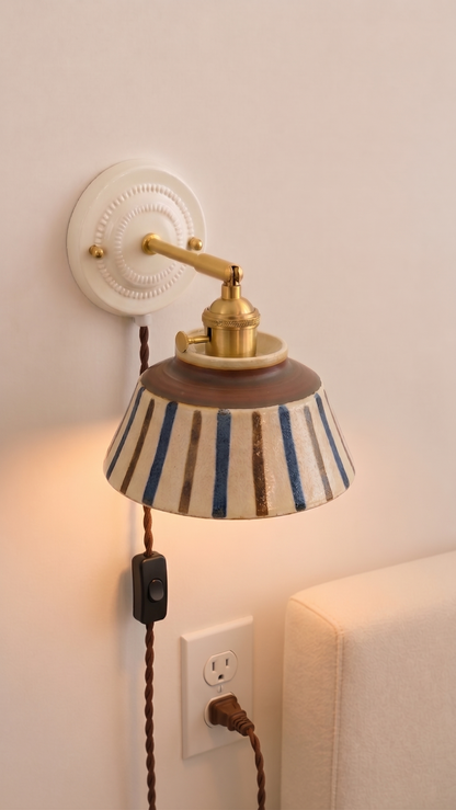Komorebi Hand-Painted Ceramic Wall Sconce – Striped Japandi Artisanal Light - Modefinity