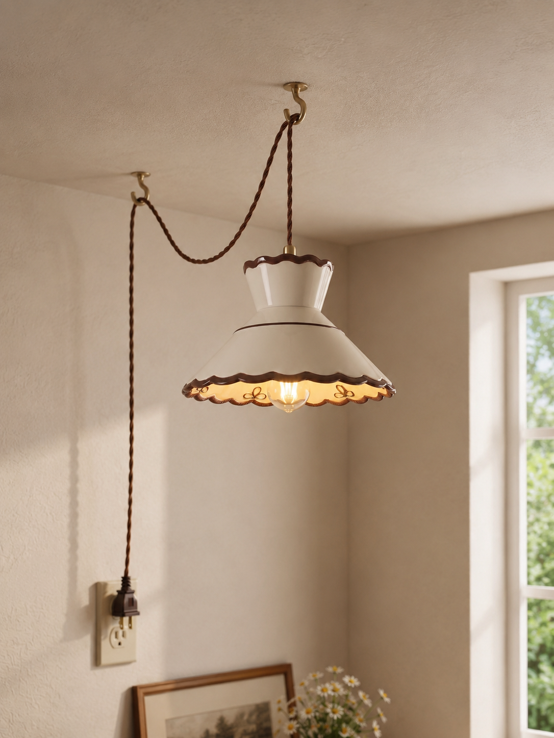 Clara Scalloped Ceramic Pendant Light – Vintage Cream & Brown Trim