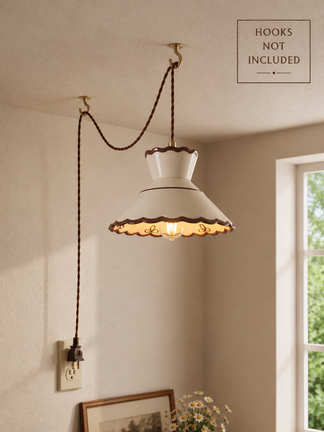 Clara Scalloped Ceramic Pendant Light – Vintage Cream & Brown Trim