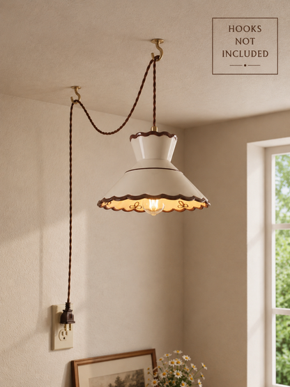 Clara Scalloped Ceramic Pendant Light – Vintage Cream & Brown Trim