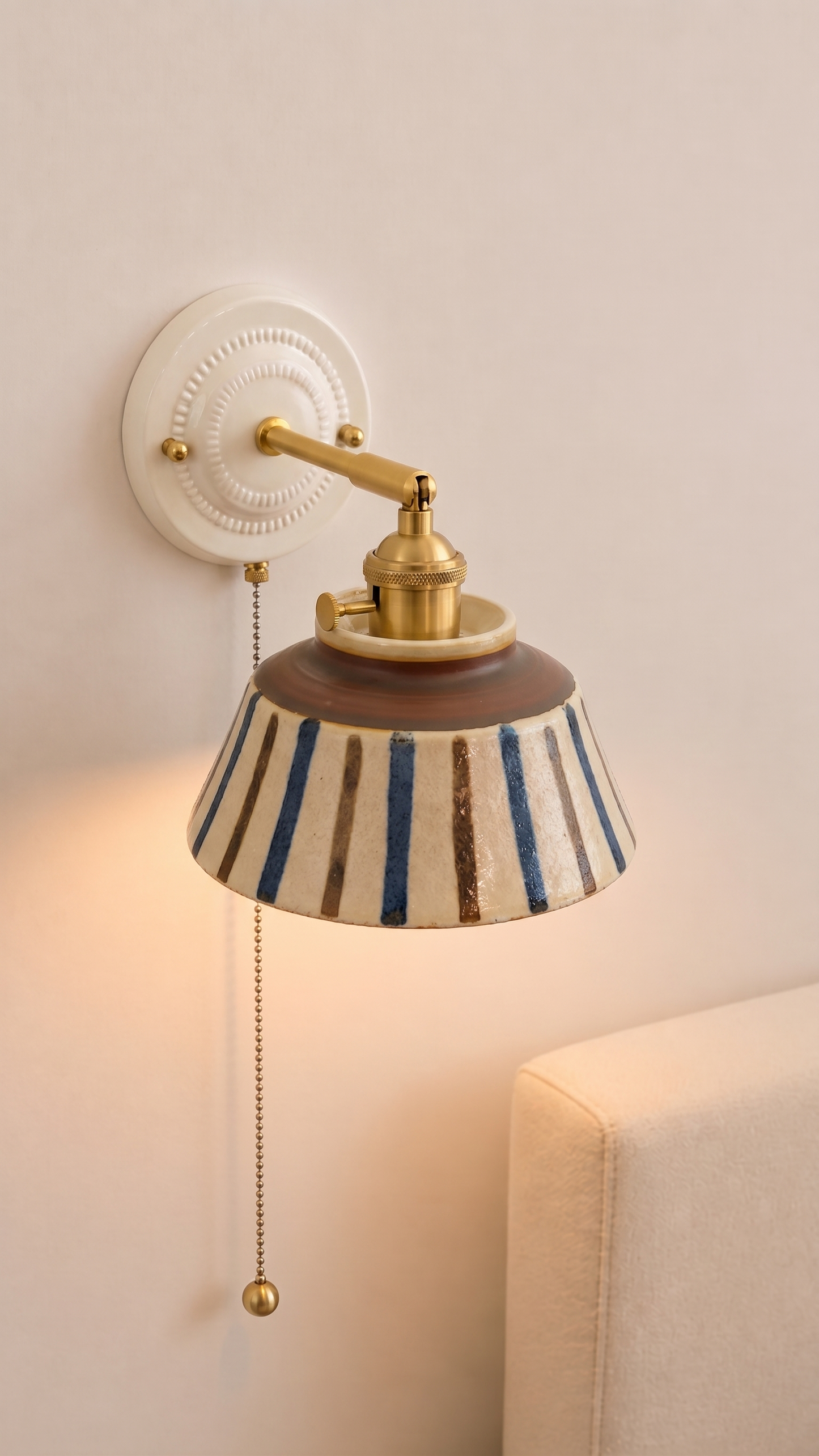 Komorebi Hand-Painted Ceramic Wall Sconce – Striped Japandi Artisanal Light - Modefinity