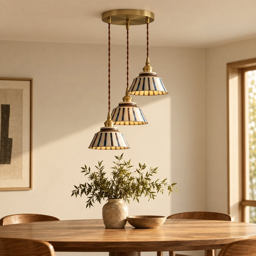 The Kyoto Stripe: Hand-Painted Ribbed Ceramic Pendant Light