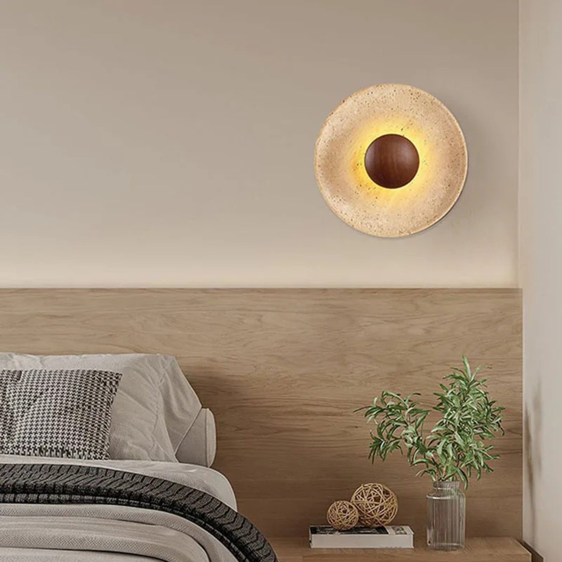 Solar Eclipse Stone & Wood Wall Light – Artistic Ambient Sconce - Modefinity