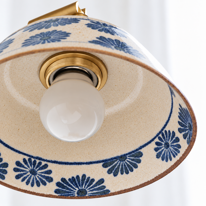 Vintage Ceramic Wall Sconce with Blue Floral Shade – Handmade Bedside Light Fixture