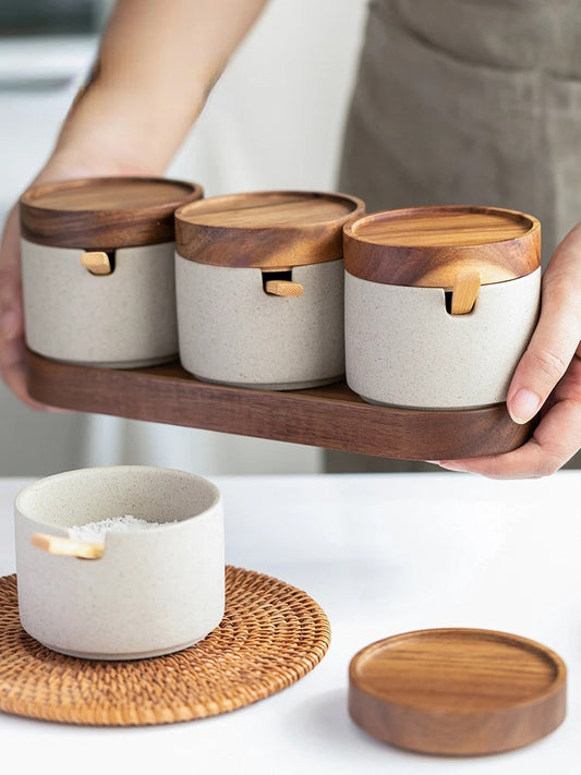 Minimalist Ceramic Spice Jars with Wooden Lids & Spoons