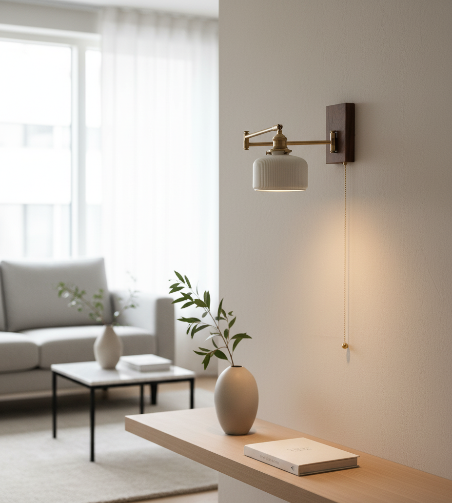 Ceramic Wall Light with Wooden Plate & Brass Hardware - Modefinity