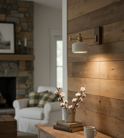 Ceramic Wall Light with Wooden Plate & Brass Hardware - Modefinity