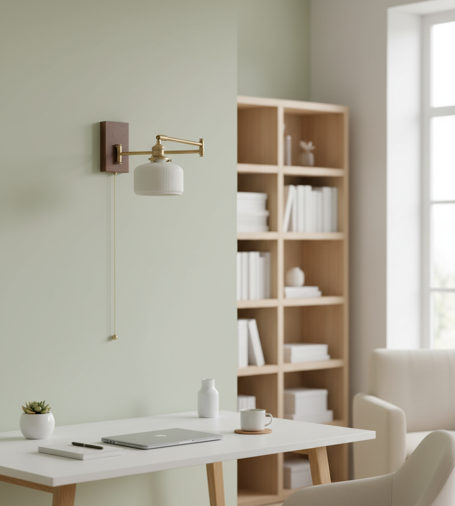 Ceramic Wall Light with Wooden Plate & Brass Hardware - Modefinity
