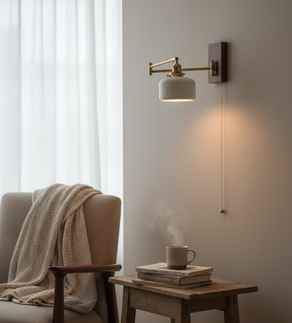Ceramic Wall Light with Wooden Plate & Brass Hardware - Modefinity