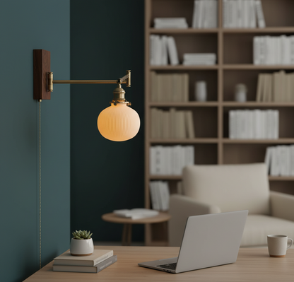 Ceramic Wall Light with Wooden Plate & Brass Hardware - Modefinity