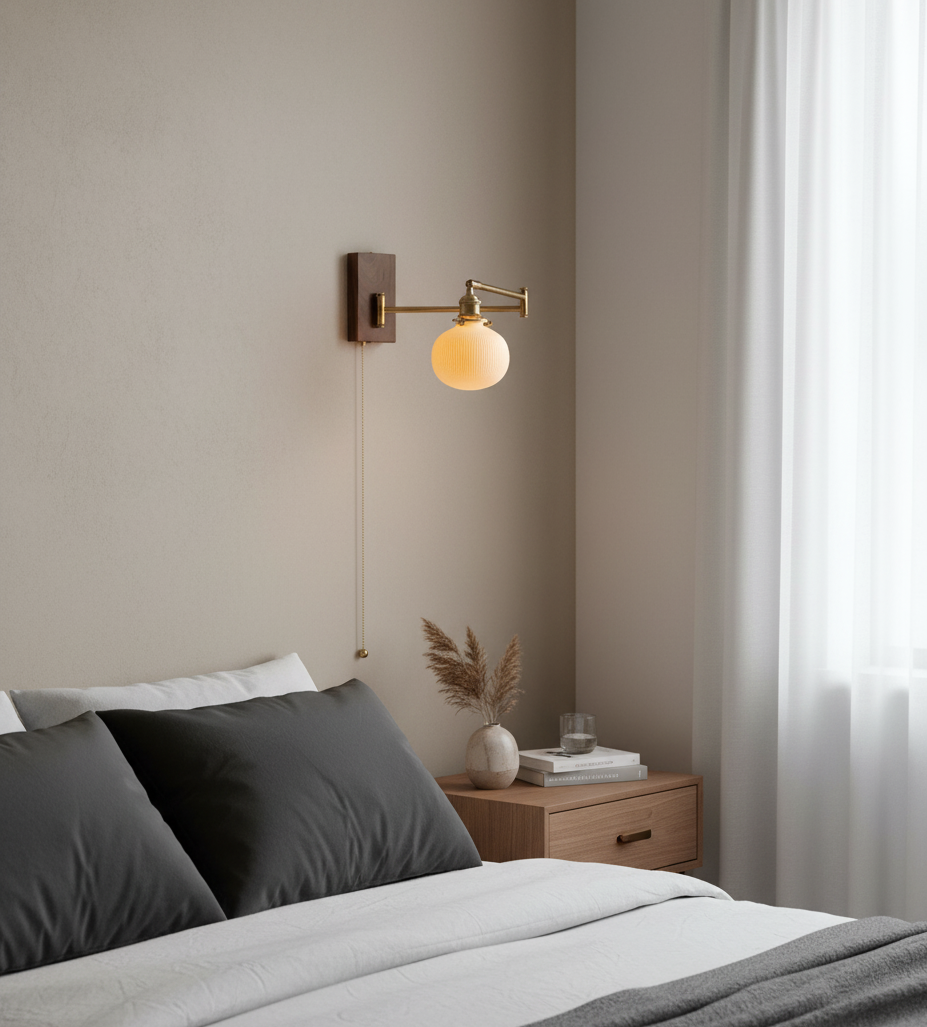 Ceramic Wall Light with Wooden Plate & Brass Hardware - Modefinity