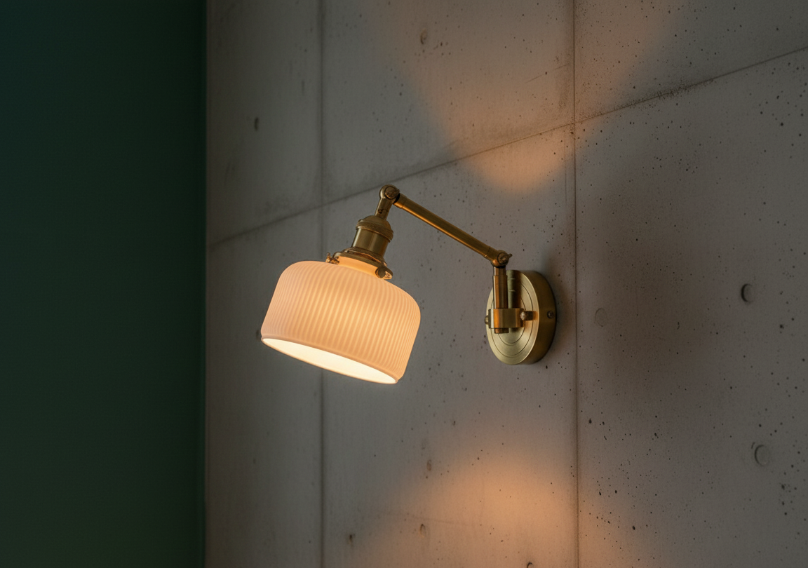 Wall-mounted light fixture with a warm glow on a textured wall.