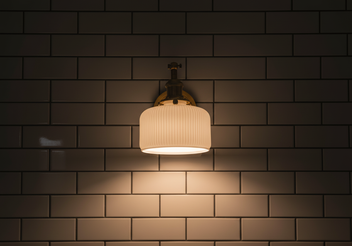 Light fixture on a tiled wall casting a warm glow