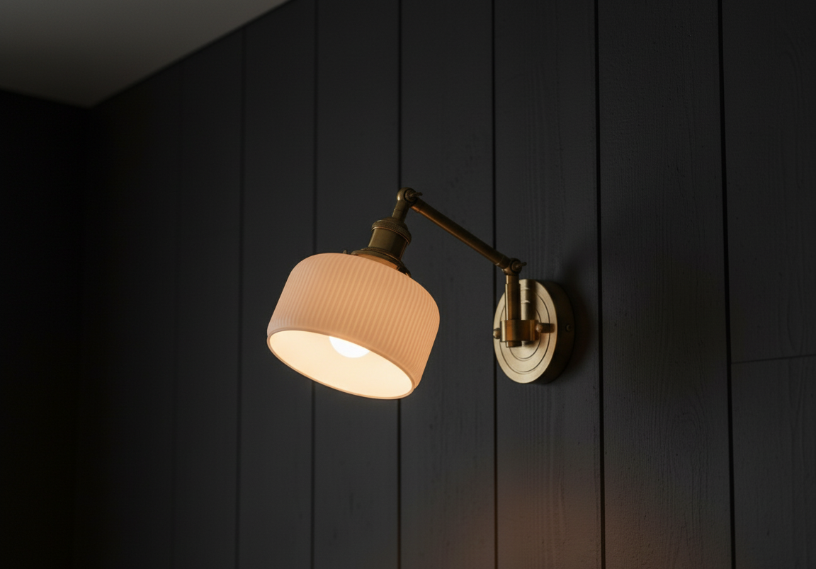 Wall-mounted lamp with a beige shade and gold fixture on a dark wooden panel wall.