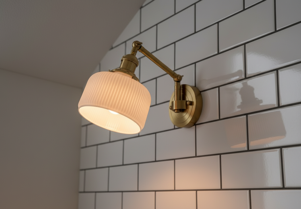 Wall-mounted light fixture with a ribbed beige shade against a tiled wall.