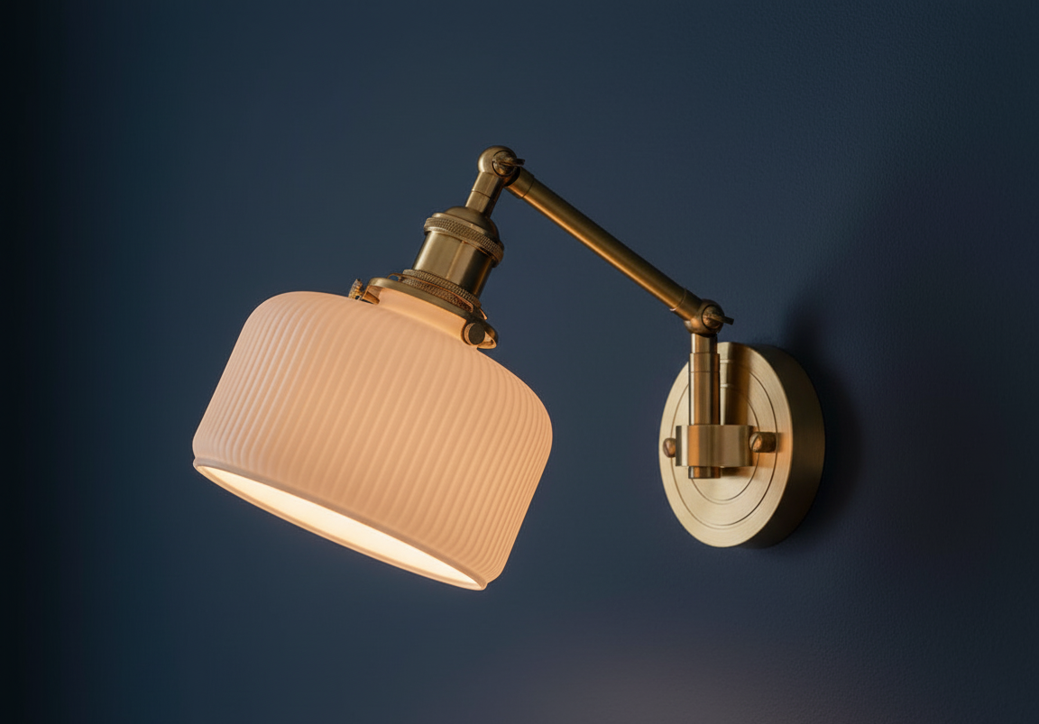 Wall-mounted lamp with a beige shade and gold arm on a dark blue background