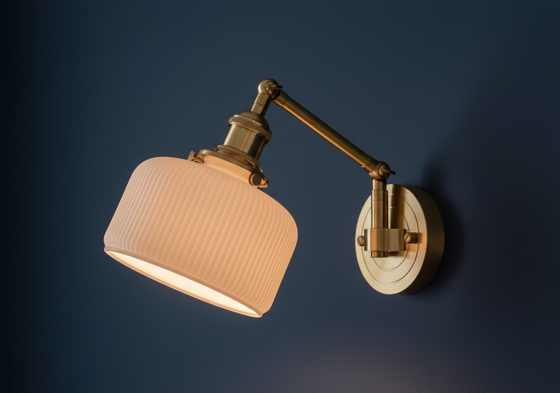 Wall-mounted lamp with a beige shade and gold arm on a dark blue background