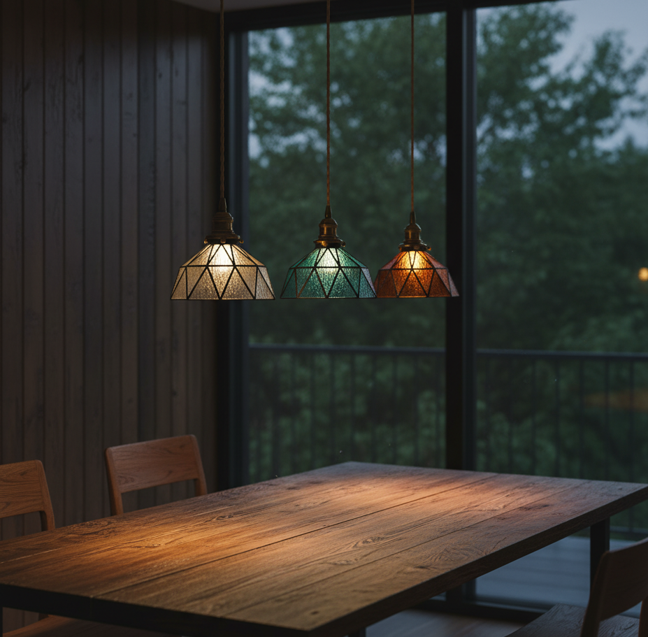Three colorful pendant lights hanging above a wooden table with a blurred outdoor background.