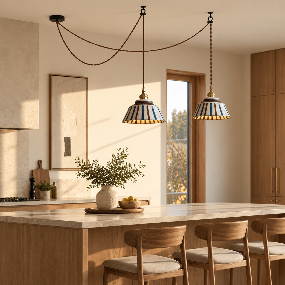 The Kyoto Stripe: Hand-Painted Ribbed Ceramic Pendant Light