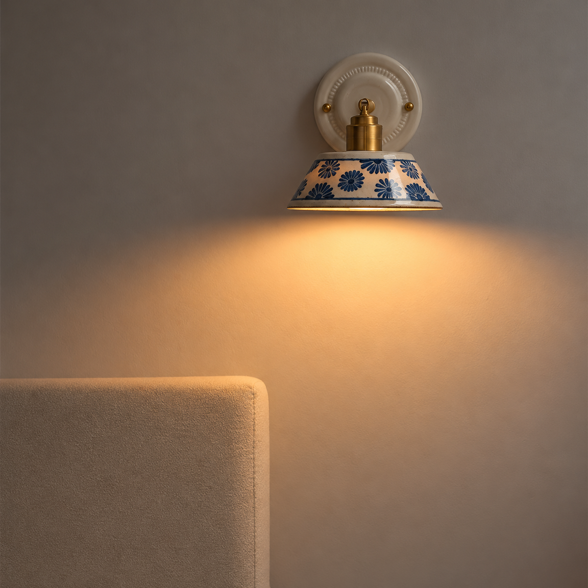 Vintage Ceramic Wall Sconce with Blue Floral Shade – Handmade Bedside Light Fixture