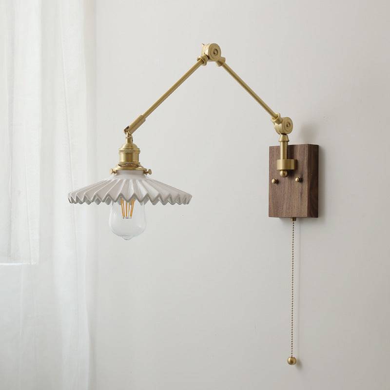 Antique Brass Swing Arm Wall Sconce with Scalloped Ceramic Shade - 129WL - Modefinity