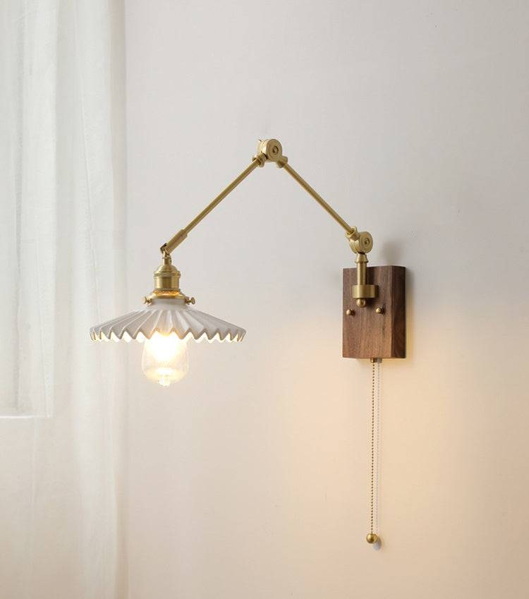 Antique Brass Swing Arm Wall Sconce with Scalloped Ceramic Shade - 129WL - Modefinity