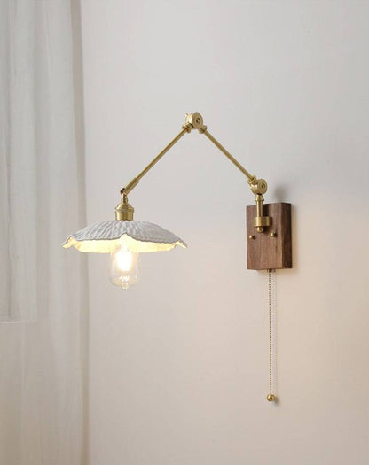 Antique Brass Swing Arm Wall Sconce with Scalloped Ceramic Shade - 129WL - Modefinity