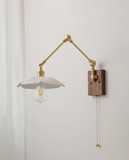 Antique Brass Swing Arm Wall Sconce with Scalloped Ceramic Shade - 129WL