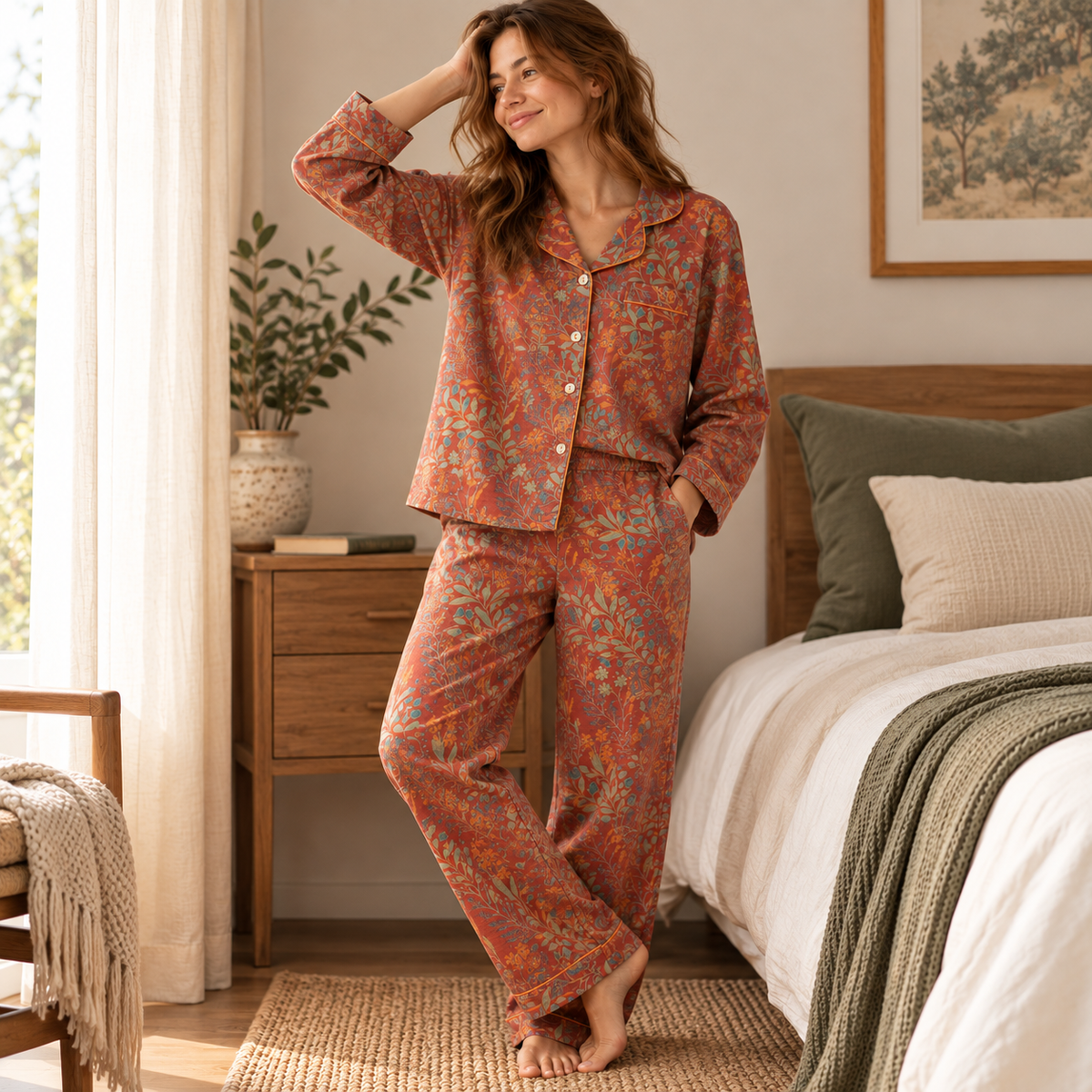 Rust Red botanical cotton pajama set lifestyle image