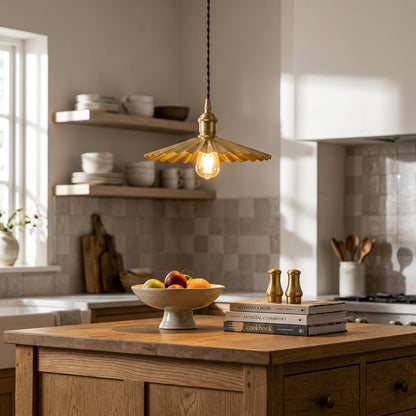 Fluted Brass Pendant Light – Rustic Glass Shade Dimmable Fixture - Modefinity