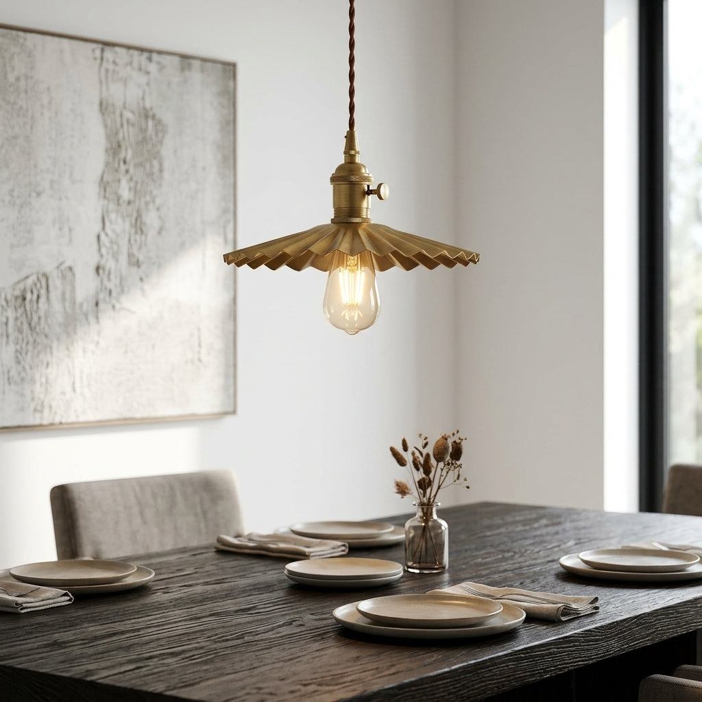 Fluted Brass Pendant Light – Rustic Glass Shade Dimmable Fixture - Modefinity