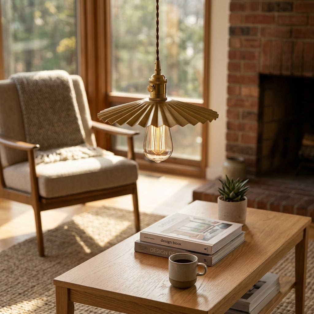 Fluted Brass Pendant Light – Rustic Glass Shade Dimmable Fixture - Modefinity