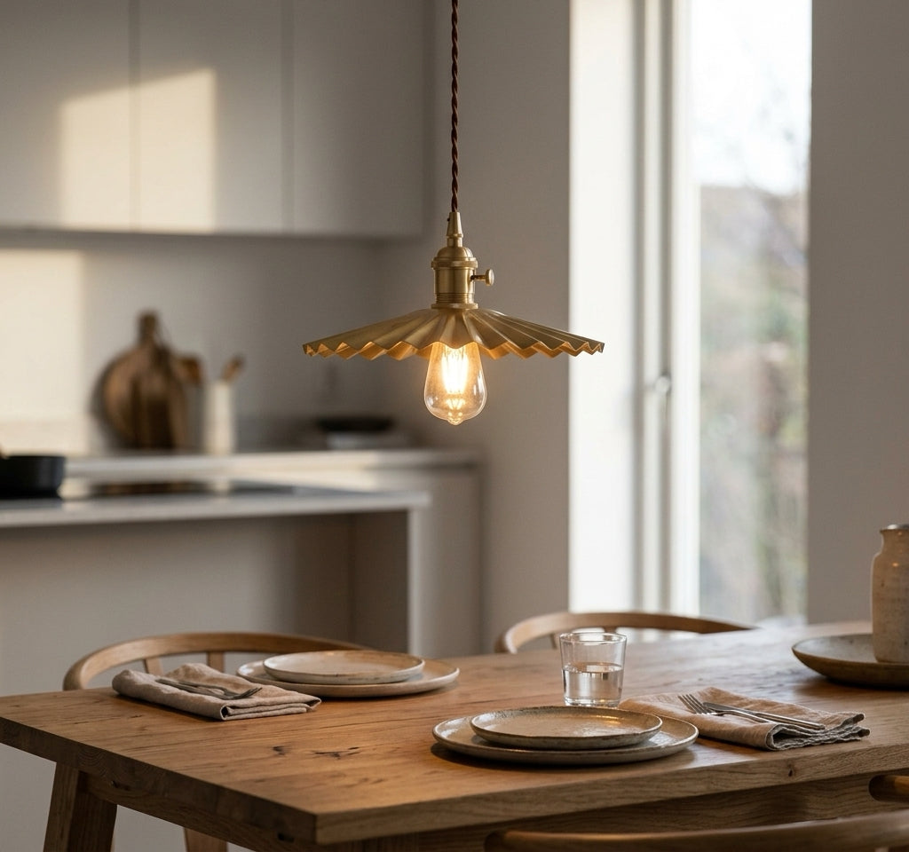Fluted Brass Pendant Light – Rustic Glass Shade Dimmable Fixture - Modefinity