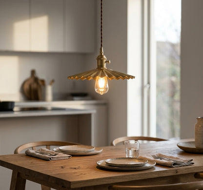 Fluted Brass Pendant Light – Rustic Glass Shade Dimmable Fixture - Modefinity